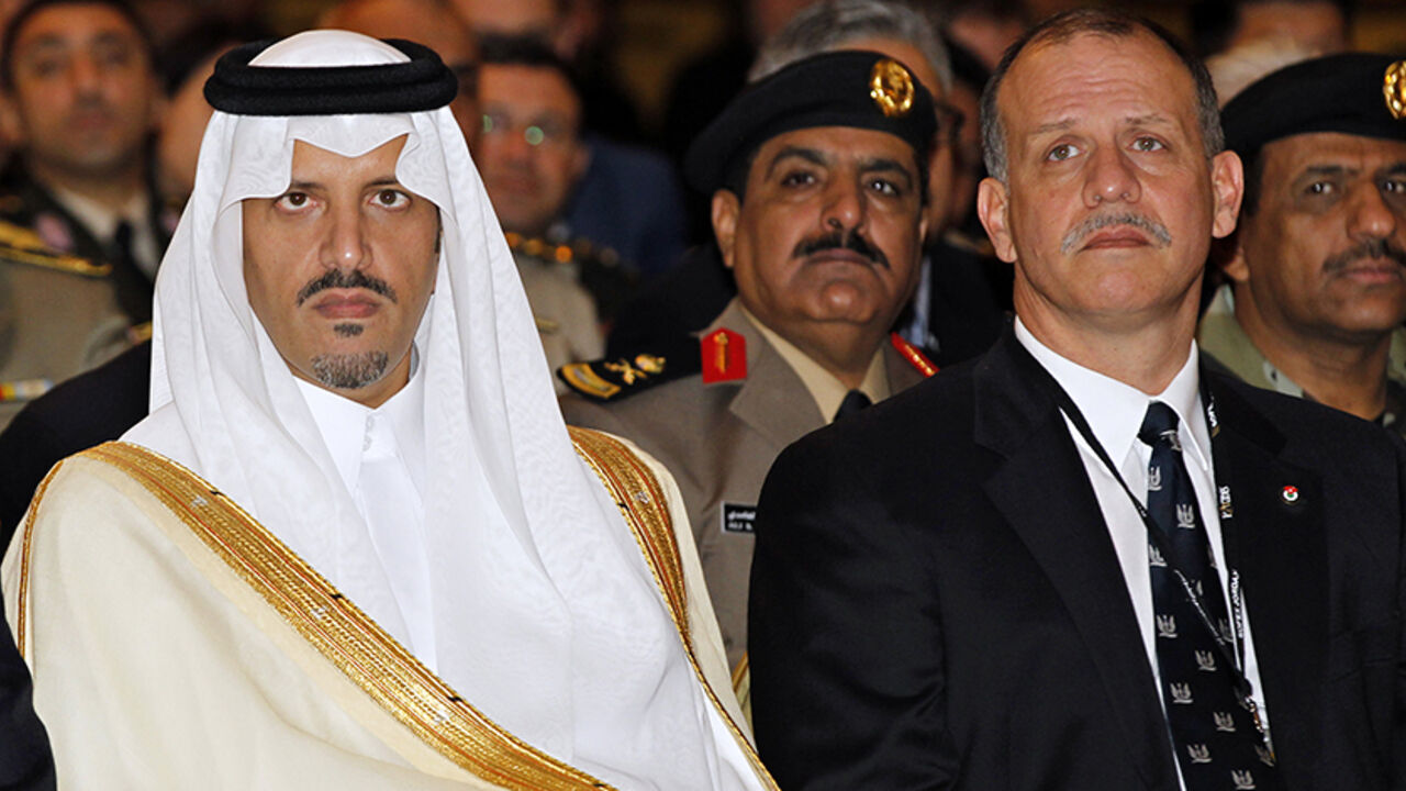JORDAN/ Jordan's Prince Prince Faisal bin al-Hussein (R) and former Commander of Royal Saudi Navy Special Forces Prince Sultan bin Khalid Al-Faisal attend the opening ceremony of the Middle East Special Operations Commanders Conference (MESOC) in Amman May 5, 2014. REUTERS/Majed Jaber (JORDAN - Tags: POLITICS MILITARY ROYALS) - RTR3NT7M