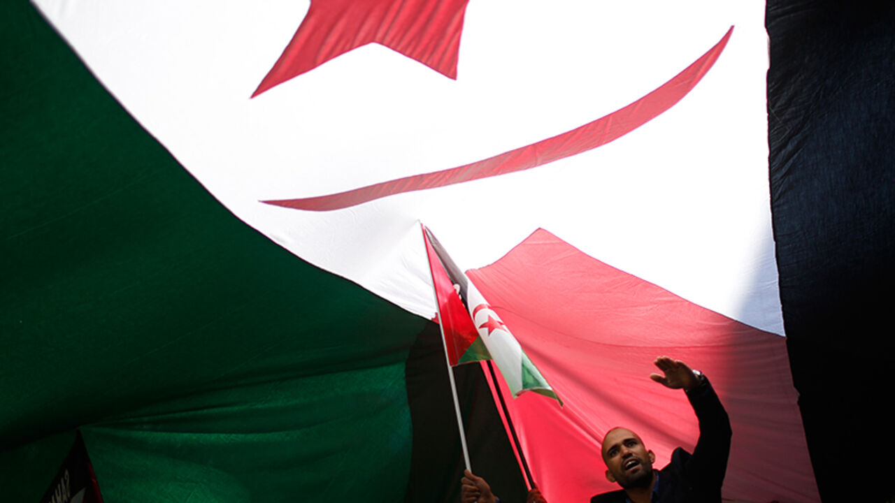 SPAIN-CIVIL UNREST/ A man takes part in a demonstration in support of Western Sahara's independence, in Madrid November 16, 2014. Thirty-nine years after Spain left Western Sahara in the hands of Moroccan troops, two thirds of its territory still remain under the rule of Rabat. The leader of Polisario Front and president of the The Sahrawi Arab Democratic Republic, Mohamed Abdelaziz, demanded the mediation of Spanish authorities in a conflict that started when the former colony was abandoned days before the death of Spanish Di