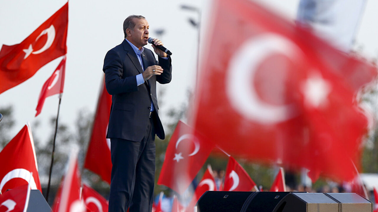 TURKEY-KURDS/PKK Turkey's President Tayyip Erdogan makes his speech during a rally against recent Kurdish militant attacks on Turkish security forces in Istanbul, Turkey, September 20, 2015. Turkish President Tayyip Erdogan and Prime Minister Ahmet Davutoglu attended the rally with the slogan "millions of people with a single voice against terror" at central Istanbul. REUTERS/Murad Sezer TPX IMAGES OF THE DAY - RTS20OA