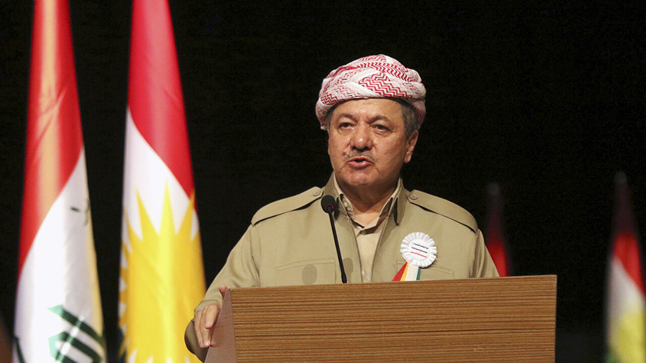 MIDEAST-CRISIS/YAZIDI-BARZANI Iraqi Kurdish regional President Massoud Barzani speaks during a ceremony in Dohuk, northern Iraq August 3, 2015. Barzani is marking the first anniversary of Islamic State's surge on Yazidis of the town of Sinjar. REUTERS/Ari Jalal - RTX1MVM6