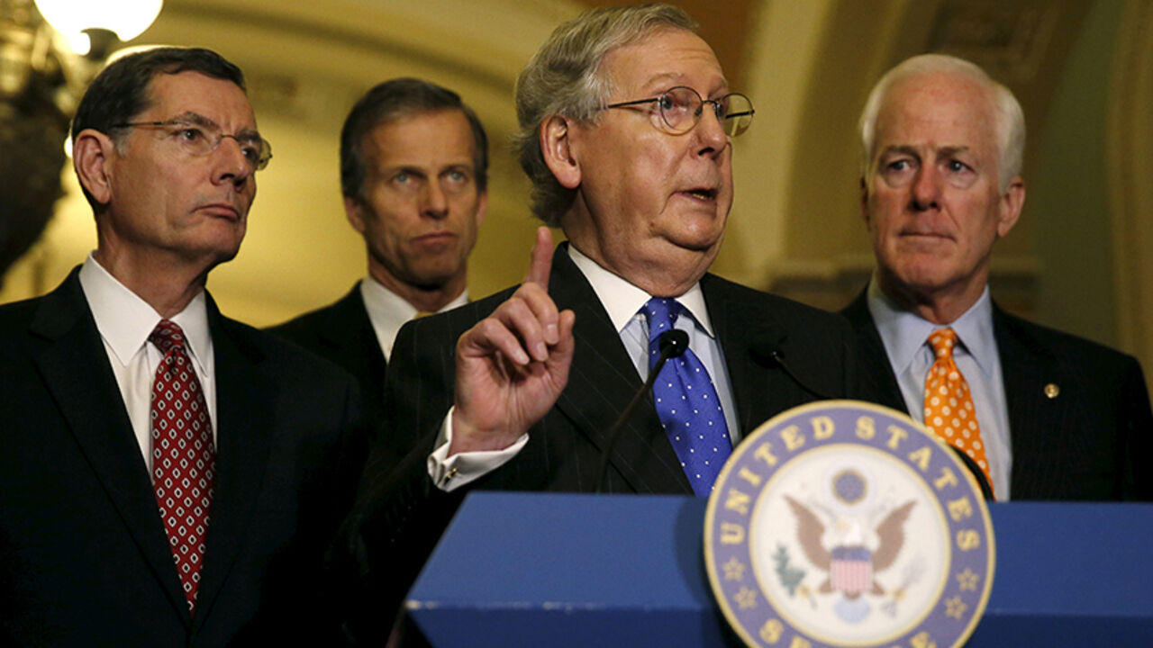 USA-FISCAL/CONGRESS (L-R) Republican Senate leaders Tom Barrasso (R-WY), John Thune (R-SD), Senate Majority Leader Mitch McConnell (R-KY) and John Cornyn (R-TX) hold a news conference on budget negotiations on Capitol Hill in Washington December 15, 2015. REUTERS/Gary Cameron - RTX1YUAQ