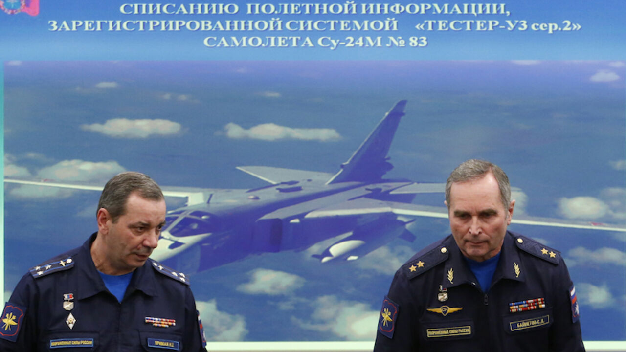 SYRIA-CRISIS/RUSSIA-TURKEY Sergei Bainetov (R), deputy chief of the Russian Armed Forces' flight safety service, and Nikolai Primak, Chairman of the Air Accident Investigation Commission, attend a news conference, dedicated to the crash of SU-24 fighter-bomber, a Russian warplane shot down by Turkey in November, in Moscow, Russia, December 21, 2015. REUTERS/Maxim Shemetov - RTX1ZMGZ