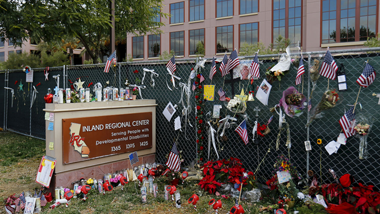 CALIFORNIA-SHOOTING A memorial still remains outside as workers return to work for the first time at the Inland Regional Center (IRC) in San Bernardino, California, January 4, 2016. The office building in San Bernardino, California, where 14 people were massacred last month by a married couple inspired by Islamist militants, reopened on Monday. Syed Rizwan Farook and his wife, Tashfeen Malik, stormed into a holiday party attended by his co-workers from a San Bernardino County social services agency and opened fire on Dec. 2, k
