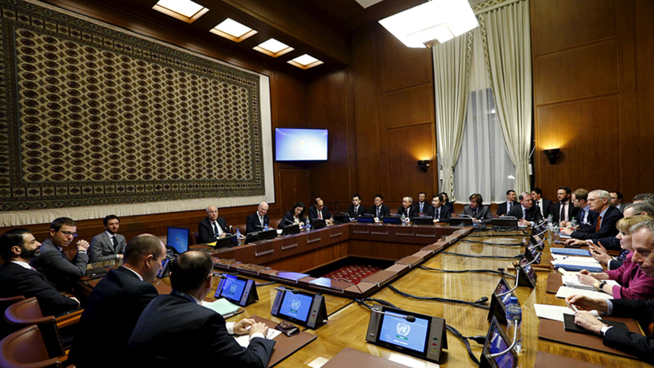 General view of United Nations (U.N.) Special Envoy for Syria Staffan de Mistura attending a meeting on Syria with representatives of the five permanent members of the Security Council (P5) at the United Nations European headquarters in Geneva, Switzerland, January 13, 2016.  REUTERS/Denis Balibouse   - RTX228S7