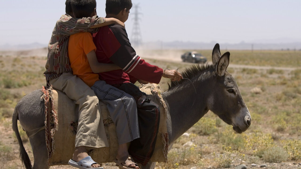 IRAN/ Village children sitting on their donkey watch a car pass during a rally on the outskirts of Mashad, 924 km (574.1 miles) east of Tehran, July 12, 2007. REUTERS/Caren Firouz (IRAN) - RTR1RS31