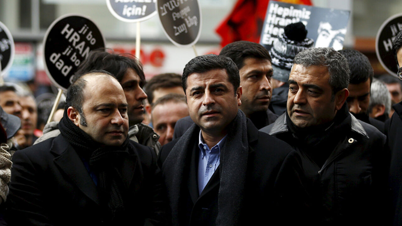 TURKEY-DINK/ Co-chair of the pro-Kurdish Peoples' Democratic Party (HDP), Selahattin Demirtas (C) attends a ceremony to mark the ninth anniversary of the killing of Turkish-Armenian editor Hrant Dink in Istanbul January 19, 2016. REUTERS/Osman Orsal - RTX232RL