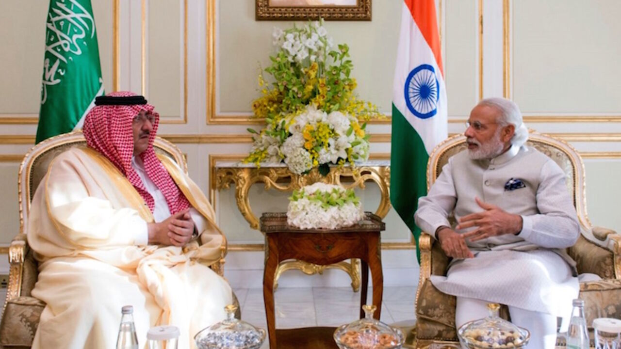 AFP_9B5VY A handout picture provided by the Saudi Press Agency (SPA) on April 3, 2016 shows Saudi Interior Minister Crown Prince Mohammed bin Nayef (L) meeting with India's Prime Minister Narendra Modi in Riyadh.
Modi is on a visit to Saudi Arabia where he will discuss energy, security and trade cooperation with leaders of the world's largest crude exporter.
/ AFP / SPA / STRINGER (Photo credit should read STRINGER/AFP/Getty Images)