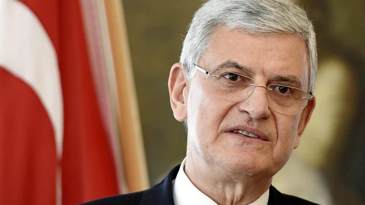 FINLAND-TURKEY/ Turkish EU Affairs Minister Volkan Bozkir reacts during a press conference in Helsinki, Finland, March 23, 2016. REUTERS/Jussi Nukari/Lehtikuva ATTENTION EDITORS - THIS IMAGE WAS PROVIDED BY A THIRD PARTY. FOR EDITORIAL USE ONLY. NOT FOR SALE FOR MARKETING OR ADVERTISING CAMPAIGNS. THIS PICTURE IS DISTRIBUTED EXACTLY AS RECEIVED BY REUTERS, AS A SERVICE TO CLIENTS. NO THIRD PARTY SALES. NOT FOR USE BY REUTERS THIRD PARTY DISTRIBUTORS. FINLAND OUT. NO COMMERCIAL OR EDITORIAL SALES IN FINLAND. - RTSBVC3