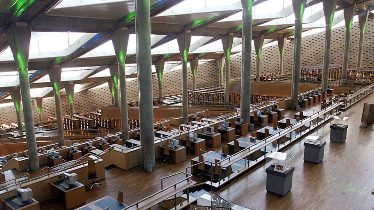 EGYPT A view of the inner hall of the Bibliotheca Alexandrina March 28, 2005. The ultramodern, 11-storey disc-shaped structure standing on the Chatby Corniche in Alexandria evokes the legacy of the ancient Alexandria library and the Temple of the Muses, the Mouseion, where the Old Testament was translated into Greek from Hebrew for the first time. The institution and the city came to symbolise diversity, culture and learning, and it was the point at which cultures and civilisations met and flourished. Picture tak