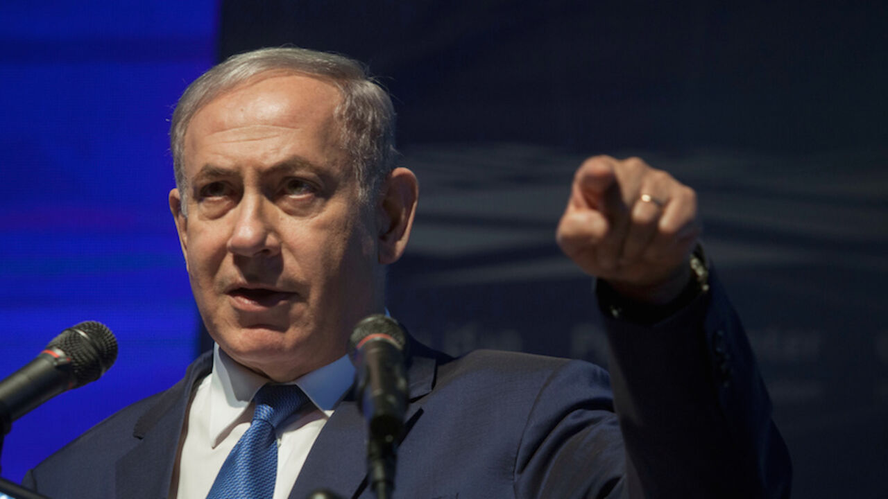 Israeli Prime Minister Benjamin Netanyahu gestures as he speaks during a ceremony at the Peres Center for Peace in Jaffa, Israel Israeli Prime Minister Benjamin Netanyahu gestures as he speaks during a ceremony at the Peres Center for Peace in Jaffa, Israel, July 21, 2016. REUTERS/POOL/Dan Balilty - RTSJ1NL
