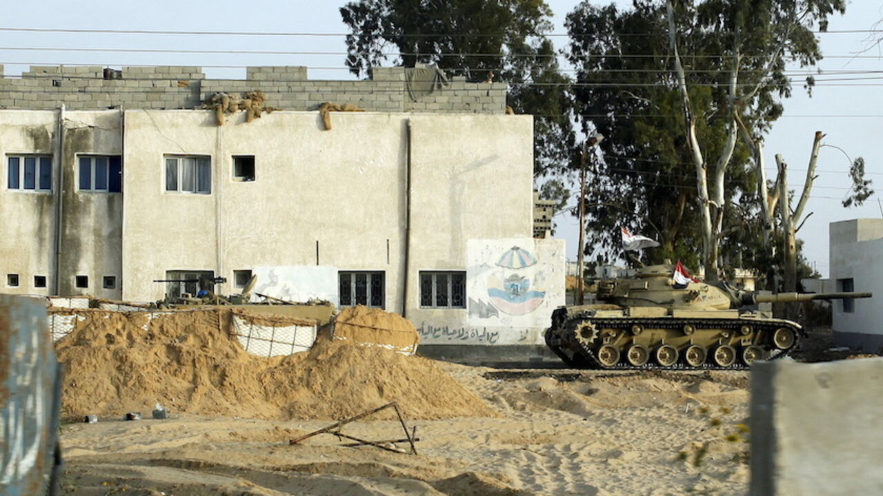 An Egyptian army tank is seen stationed outside a school taken over by soldiers in the Sinai Peninsula An Egyptian army tank is seen stationed outside a school taken over by soldiers in the Sinai Peninsula between the northern Sinai cities of Al-Arish and Sheikh Zuwayed, May 25, 2015. Authorities in the Sinai Peninsula are battling insurgents who support Islamic State, the militant group that has seized parts of Iraq, Syria and Libya. The Sinai conflict, which has has displaced hundreds of Egyptians, is the biggest security challenge for President Abdel Fattah al-Sisi, who has promised to deliver stability a