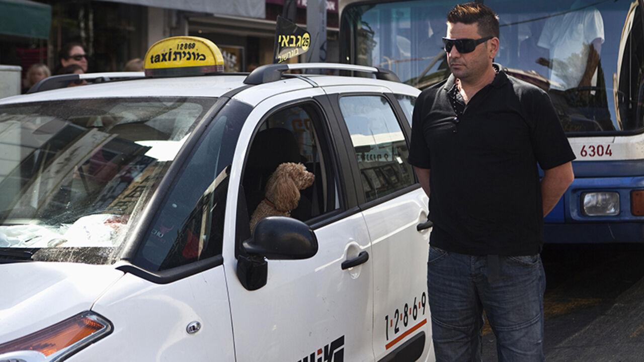 ISRAEL/ A dog looks out a car window as a driver stands still during the sounding of an air raid siren marking Holocaust Remembrance Day in Tel Aviv April 28, 2014. Israel on Monday marked the annual memorial day commemorating the six million Jews killed by the Nazis during World War Two. REUTERS/Nir Elias (ISRAEL - Tags: ANNIVERSARY SOCIETY MILITARY CONFLICT) - RTR3MVWG