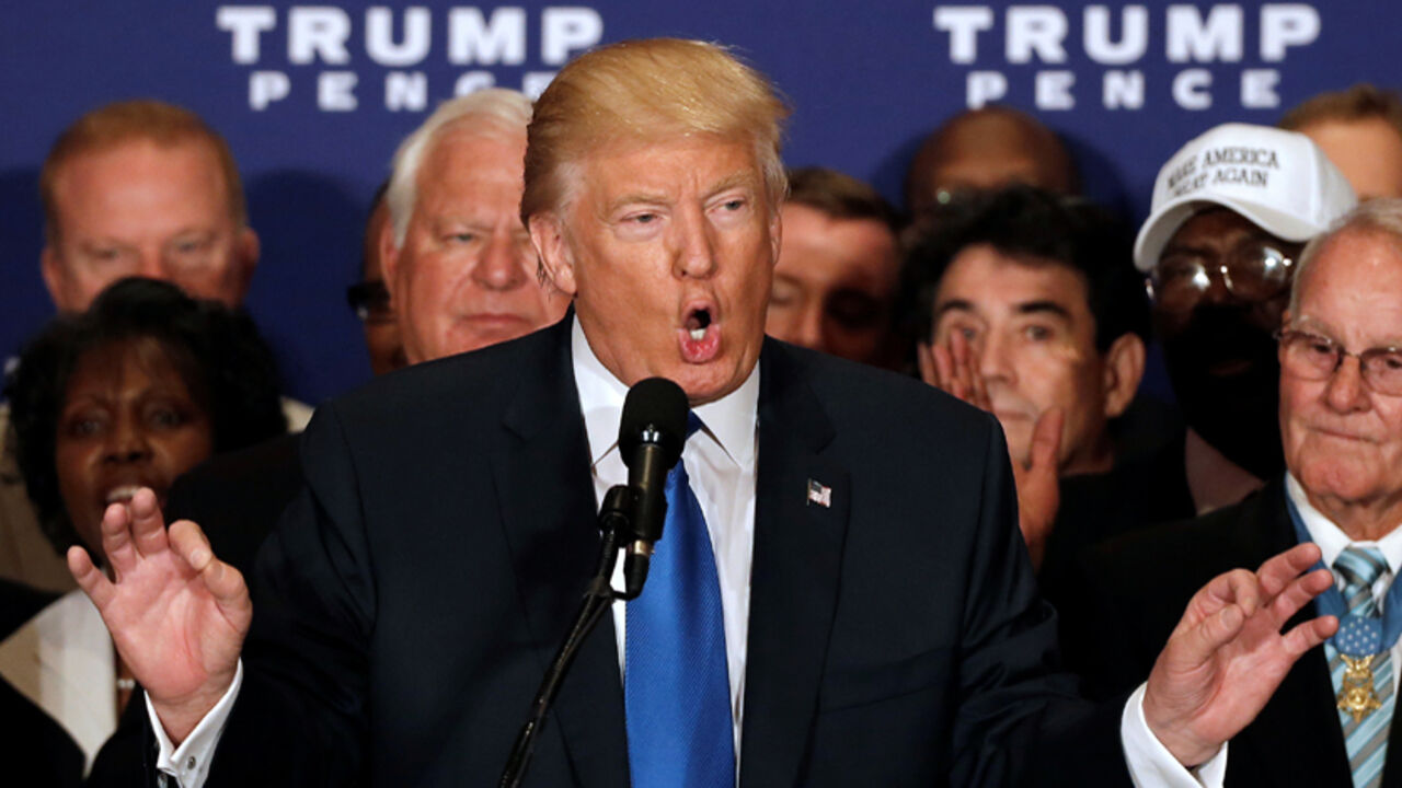 Republican presidential nominee Donald Trump states that he believes U.S. President Barack Obama was born in the United States at a campaign event at the Trump International Hotel in Washington, D.C., U.S., September 16, 2016.  REUTERS/Mike Segar - RTSO2KL