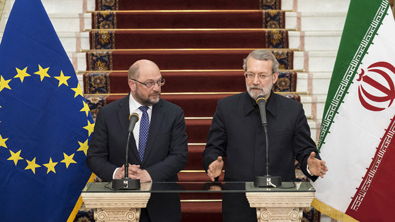IRAN-EU/SCHULZ Iran's parliament speaker Ali Larijani (R) gestures as he speaks during a joint news conference with European Parliament President Martin Schulz, in Tehran November 7, 2015. REUTERS/Raheb Homavandi/TIMA ATTENTION EDITORS - THIS IMAGE WAS PROVIDED BY A THIRD PARTY. FOR EDITORIAL USE ONLY. TPX IMAGES OF THE DAY - RTS5WU9