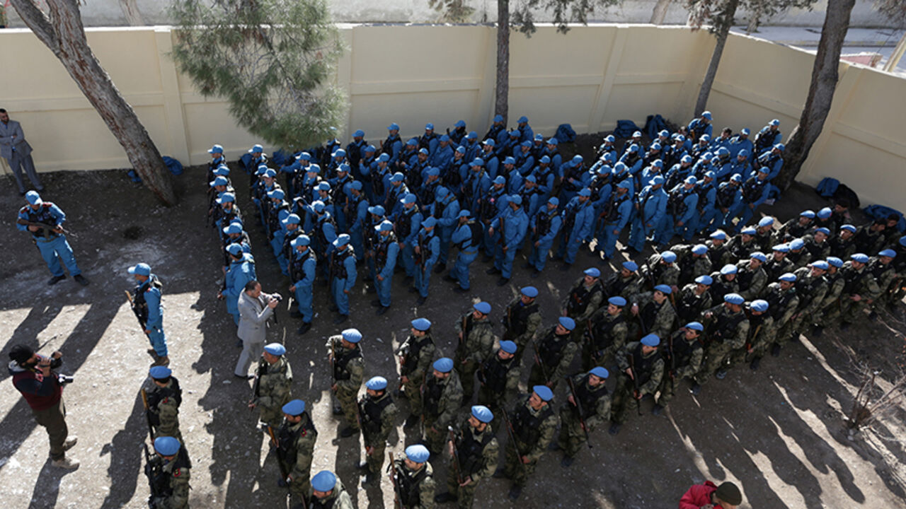 MIDEAST-CRISIS/SYRIA-TURKEY-POLICE Members of the Free police attend a ceremony celebrating the inauguration of the "Free Police" in the Syrian border town of Jarablus January 24, 2017. REUTERS/Khalil Ashawi - RTSX6LA