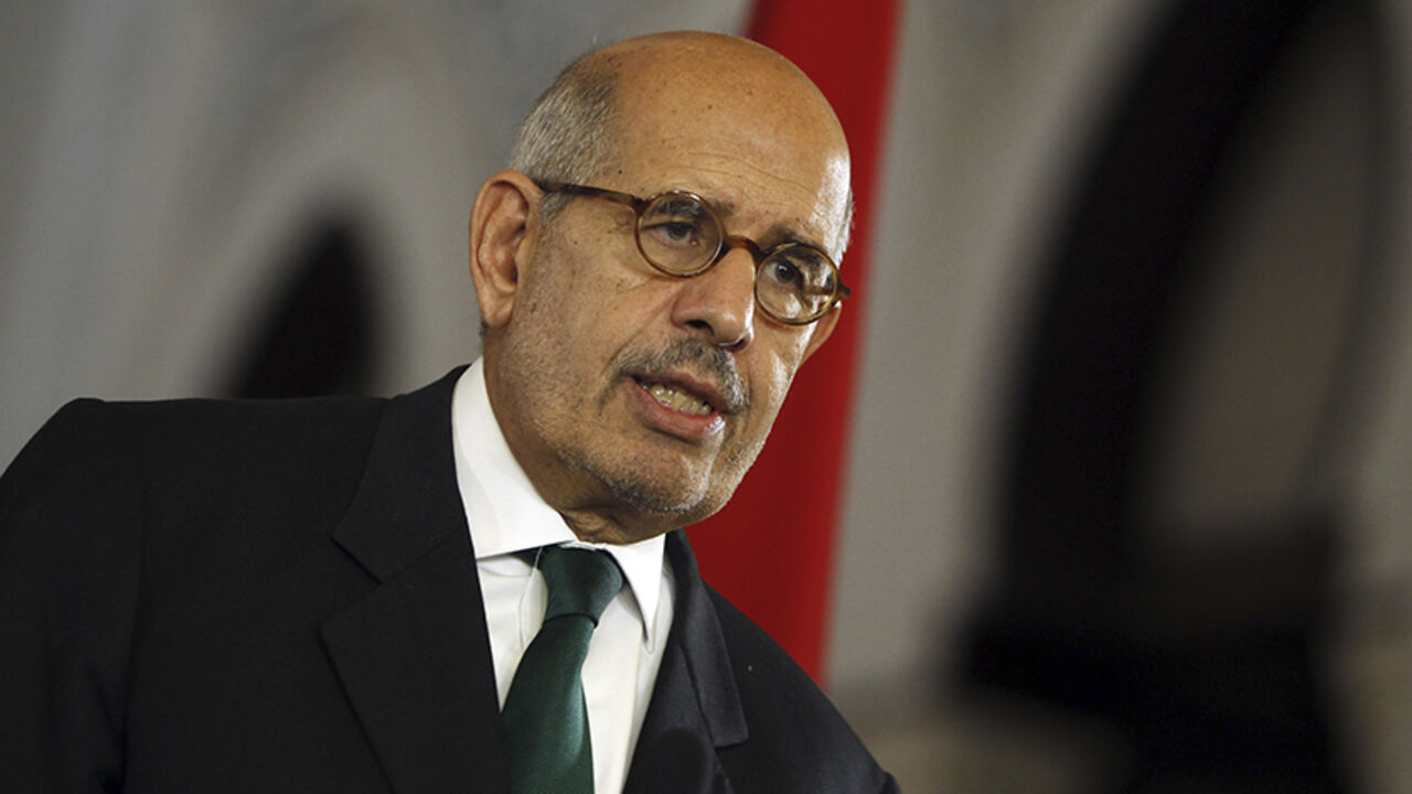 EGYPT-PROTESTS/ Egypt's interim Vice President Mohamed ElBaradei speaks during a news conference with European Union foreign policy chief Catherine Ashton (unseen) at El-Thadiya presidential palace in Cairo July 30, 2013. Egypt's rulers allowed Ashton to meet deposed President Mohamed Mursi, the first time an outsider was given access to him since the army overthrew him and jailed him a month ago, but ruled out involving him in any negotiations. She revealed little about what she called a "friendly, open and very frank" tw
