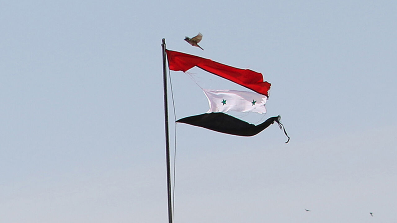 MIDEAST-CRISIS/SYRIA-HASAKA A bird flies near a torn Syrian national flag in the city of Qamishli, Syria April 21, 2016. REUTERS/Rodi Said - RTX2B18P