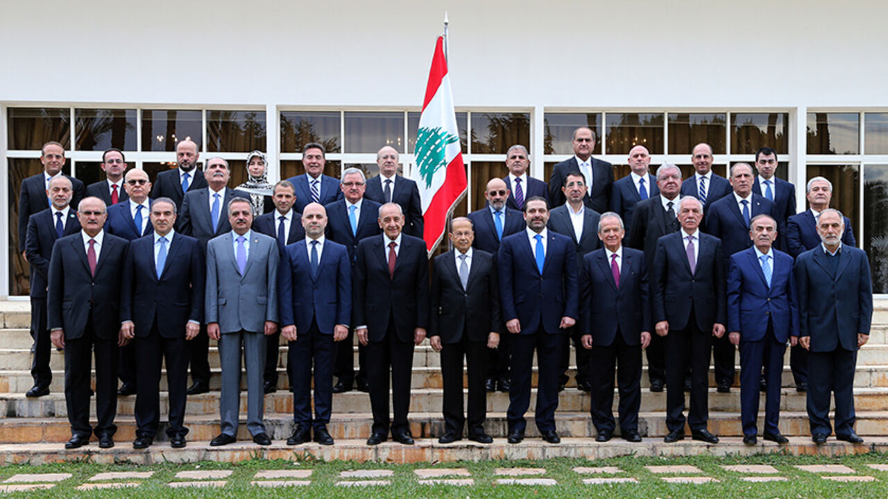 LEBANON-GOVERNMENT/ Members of the new Lebanese government pose for a picture at the presidential palace in Baabda, Lebanon December 21, 2016. The members are: (front row L-R) Finance Minister Ali Hassan Khalil, Minister of State for planning Michel Pharaon, Minister of Displaced Talal Erslan, VP and Minister of Public Health Ghassan Hasbani, Parliament Speaker Nabih Berri, President Michel Aoun, Prime minister Saad al-Hariri, Minister of Education Marwan Hamadeh, Minister of Agriculture Ghazi Zaaiter, Minister of State for Pa
