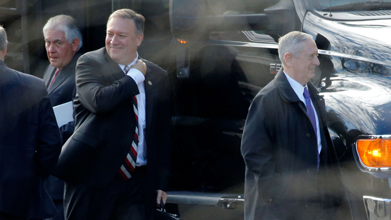 USA-TRUMP/ Incoming Trump administration cabinet secretary nominees including Secretary of State nominee Rex Tillerson (L-R), Central Intelligence Agency (CIA) Director nominee Mike Pompeo and Defense Secretary nominee James Mattis arrive for meetings at the Eisenhower Executive Office Building at the White House in Washington, U.S. January 13, 2017. REUTERS/Jonathan Ernst - RTX2YUEZ