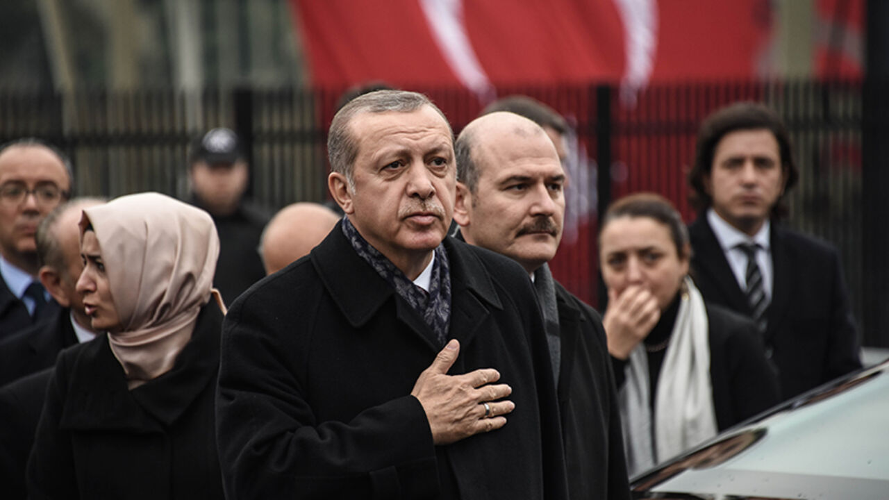 93791830 ISTANBUL, TURKEY - DECEMBER 12: Turkish President Recep Tayyip Erdogan visits the blast site outside the Besiktas FC's Vodafone Arena Stadium on December 12, 2016 in Istanbul, Turkey. At least 44 people were killed and 160 other wounded in twin explosions outside Vodafone Arena Stadium and in nearby Macka Park a few hours after the night's soccer match on 10 December. The bombs apparently targeted police officers who were securing the match. The Kurdish nationalist group Kurdistan Freedom Hawks (TAK), which