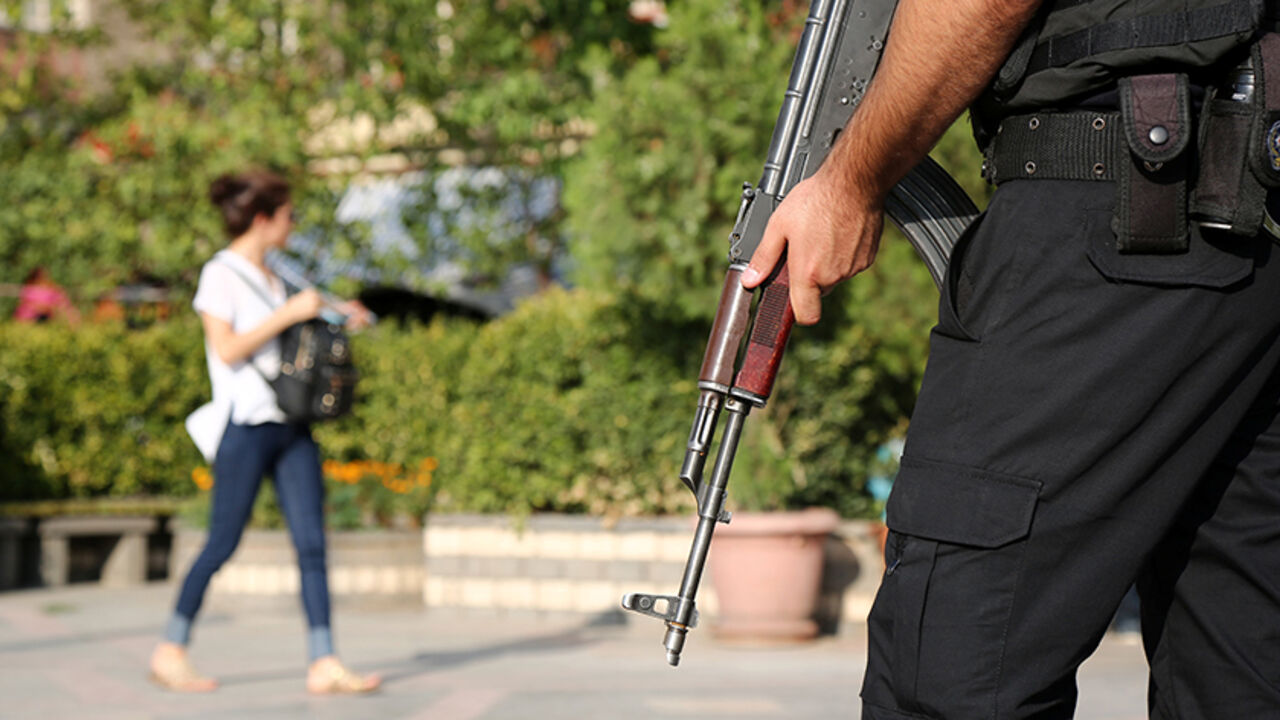 TURKEY-SECURITY/POLICE A riot police stands guard during a pro-Kurdish gathering in the southeastern city of Diyarbakir, Turkey, August 31, 2016. To match TURKEY-SECURITY/POLICE REUTERS/Sertac Kayar - RTX2OUGW