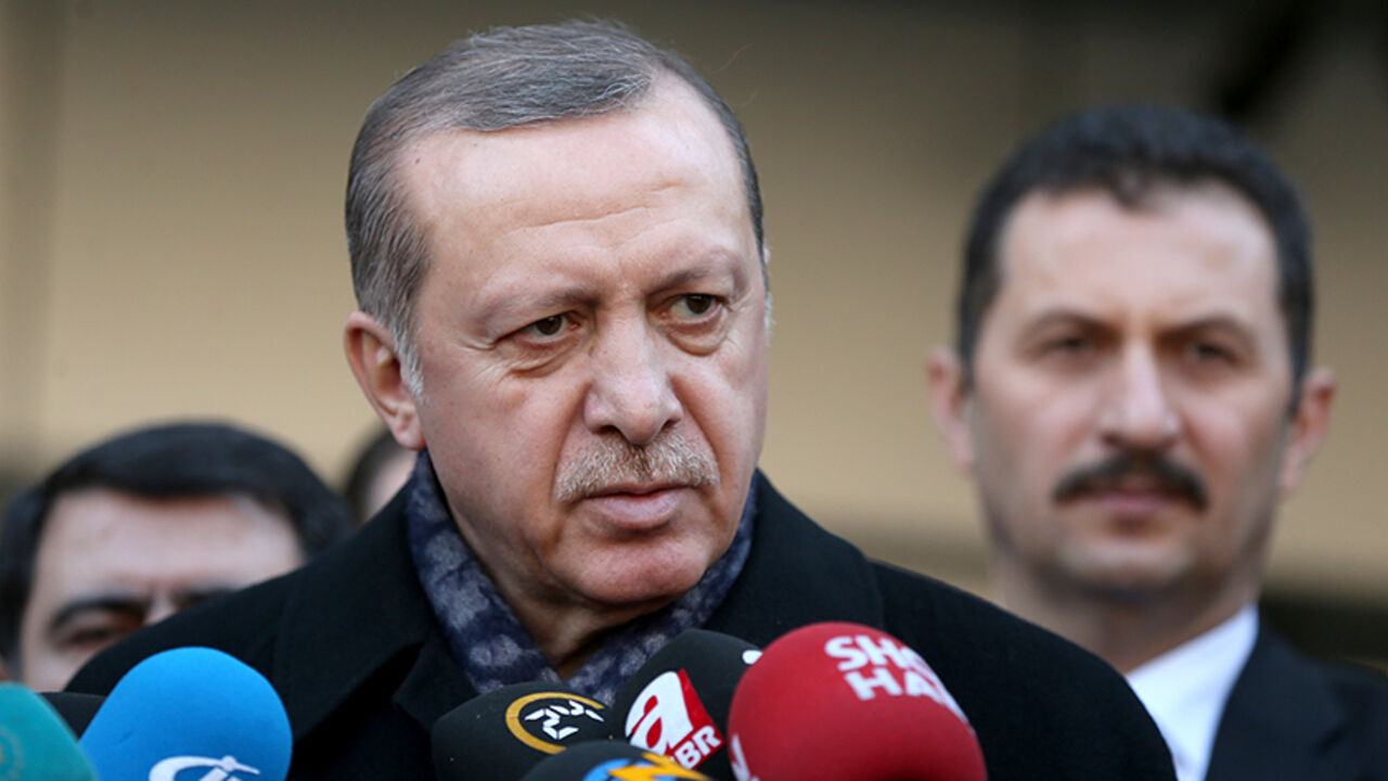 93776423 ISTANBUL, TURKEY - DECEMBER 11: Turkish President Recep Tayyip Erdogan speaks to press after visiting the wounded police officers of the bomb attacks at Haseki Hospital in Istanbul December 11, 2016 Turkey. According to Interior Minister Suleyman Soylu, at least 38 people were killed and 166 other wounded in twin explosions outside Besiktas FC's Vodafone Arena Stadium and in nearby Macka Park a few hours after the night's soccer match on 10 December. The bombs apparently targeted police officers who were se