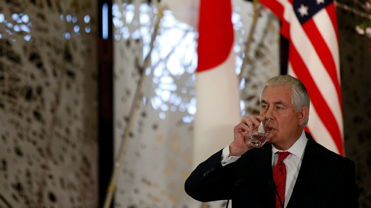 TILLERSON-ASIA/JAPAN U.S. Secretary of State Rex Tillerson attends a joint news conference with Japan's Foreign Minister Fumio Kishida after their meeting at the foreign ministry's Iikura guest house in Tokyo, Japan March 16, 2017. REUTERS/Toru Hanai - RTX318S4