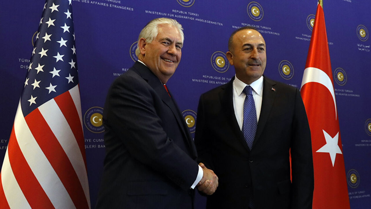 MIDEAST-CRISIS/TURKEY-USA U.S. Secretary of State Rex Tillerson meets with Turkish Foreign Minister Mevlut Cavusoglu in Ankara, Turkey, March 30, 2017. REUTERS/Umit Bektas TPX IMAGES OF THE DAY - RTX33CKX