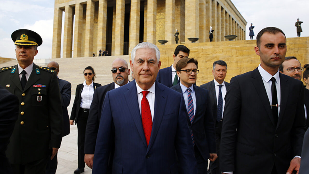 MIDEAST-CRISIS/TURKEY-USA U.S. Secretary of State Rex Tillerson leaves after a wreath-laying ceremony at Anitkabir, the mausoleum of modern Turkey's founder Ataturk, in Ankara, Turkey, March 30, 2017. REUTERS/Umit Bektas - RTX33DNV