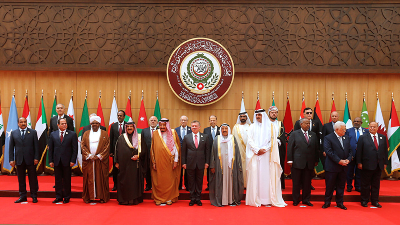 ARABS-SUMMIT/ (front R-L) Yemen's President Abd-Rabbu Mansour Hadi, Palestinian President Mahmoud Abbas, Djibouti's President Ismail Omar Guelleh, Qatari Emir Sheikh Tamim bin Hamad al-Thani, Emir of Kuwait Sabah Al-Ahmad Al-Jaber Al-Sabah, Jordan's King Abdullah II, Saudi Arabia's King Salman bin Abdulaziz Al Saud, Bahrain's King Hamad bin Isa Al Khalifa, Sudan's President Omar Al Bashir, Egypt's President Abdel Fattah al-Sisi, and Mauritania's President Mohamed Ould Abdel Aziz pose for a group photograph during the 28t