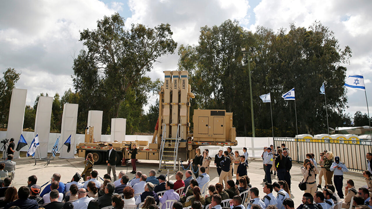 ISRAEL-AIRDEFENCE/ A "David's Sling" launcher system can be seen during a ceremony in which Israel declared its "David's Sling" intermediate-range air defence shield fully operational, at Hatzor air base in southern Israel April 2, 2017. REUTERS/Amir Cohen - RTX33Q6D