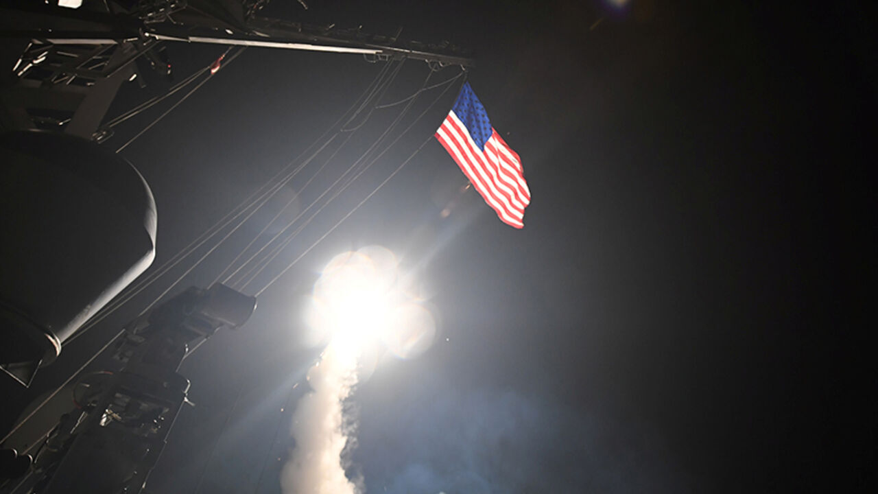 MIDEAST-CRISIS/SYRIA U.S. Navy guided-missile destroyer USS Porter (DDG 78) conducts strike operations while in the Mediterranean Sea which U.S. Defense Department said was a part of cruise missile strike against Syria on April 7, 2017. Ford Williams/Courtesy U.S. Navy/Handout via REUTERS ATTENTION EDITORS - THIS IMAGE WAS PROVIDED BY A THIRD PARTY. EDITORIAL USE ONLY. - RTX34HHG