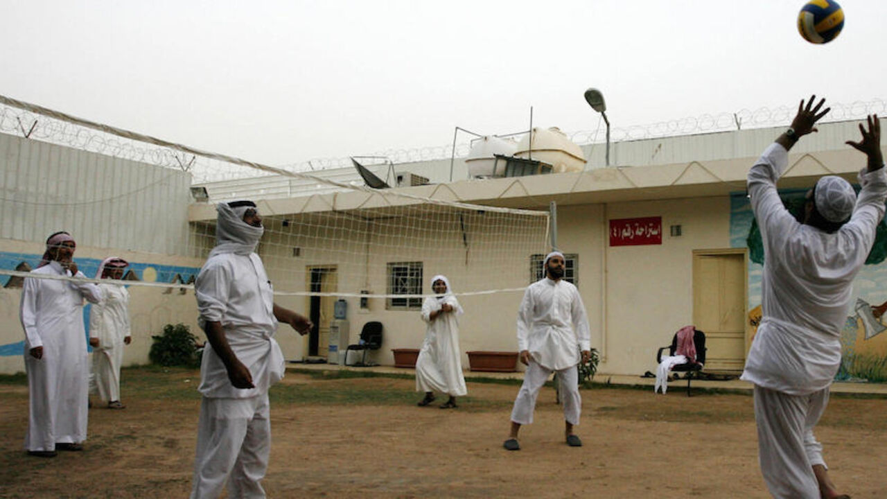 Nic355760 TO GO WITH AFP STORY BY PAUL HANDLEY Saudi former al-Qaeda Islamists play volleyball at a rehabilitation center for militants in Riyadh on April 15, 2009. Saudi Arabia set up the pioneering rehabilitation facility three years ago for returnees from the US prison at Guantanamo Bay in Cuba and for militants arrested inside the country. The care centre is Saudi Arabia's front line for ensuring that Al-Qaeda does not rear its head again, after a series of lethal domestic attacks between 2003 and 2006 forced Riy
