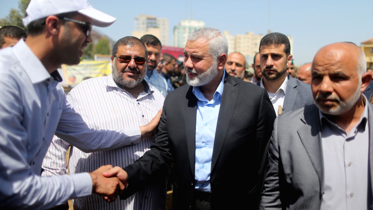 PALESTINIANS-HAMAS/ELECTION Ismail Haniyeh, newly elected head of Hamas political office, arrives to visit a sit-in in support of Palestinian prisoners on hunger strike in Israeli jails, in Gaza City May 8, 2017. REUTERS/Mohammed Salem - RTS15NZB