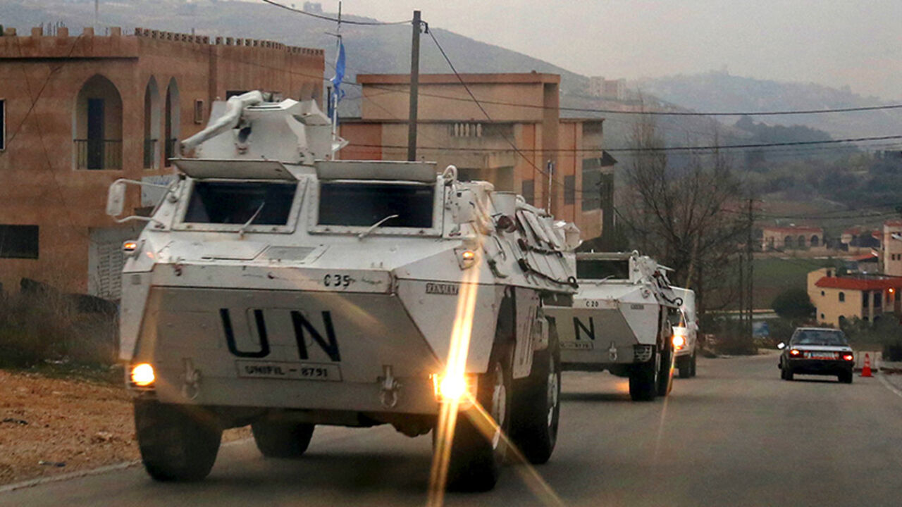 LEBANON-SECURITY/ISRAEL U.N. peacekeepers of the United Nations Interim Force in Lebanon (UNIFIL) patrol on their armored vehicles near Adaisseh village near the Lebanese-Israeli border, southern Lebanon, January 4, 2016. Hezbollah said it set off a bomb targeting Israeli forces at the Lebanese border on Monday in an apparent response to the killing in Syria last month of a prominent commander, triggering Israeli shelling of southern Lebanon. REUTERS/Aziz Taher - RTX2101D