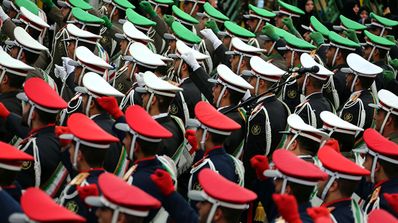 AFP_7U3PA Iranian guards march during celebrations in Tehran's Azadi Square (Freedom Square) to mark the 37th anniversary of the Islamic revolution on February 11, 2016.
Iranians waved "Death to America" banners and took selfies with a ballistic missile as they marked 37 years since the Islamic revolution, weeks after Iran finalised a nuclear deal with world powers.
/ AFP / ATTA KENARE (Photo credit should read ATTA KENARE/AFP/Getty Images)