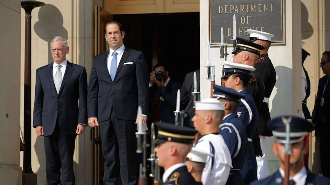 96611377 ARLINGTON, VA - JULY 10: U.S. Secretary of Defense James Mattis (L) welcomes Tunisian Prime Minister Youssef Chahed during an honor cordon ceremony at the Pentagon July 10, 2017 in Arlington, Virginia. Chahed will participate in bilateral meetings with Vice President Mike Pence later in the day. (Photo by Chip Somodevilla/Getty Images)