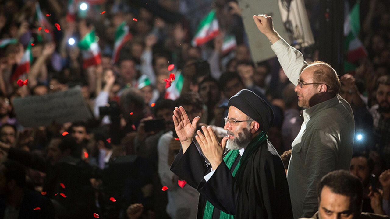 IRAN-ELECTION/RAISI Iranian Presidential candidate Ebrahim Raisi (L) and Tehran Mayor Mohammad Baqer Qalibaf gesture during a campaign meeting at the Mosalla mosque in Tehran, Iran, May 16, 2017. Picture taken May 16, 2017. TIMA via REUTERS ATTENTION EDITORS - THIS IMAGE WAS PROVIDED BY A THIRD PARTY. FOR EDITORIAL USE ONLY. - RTX36CQS