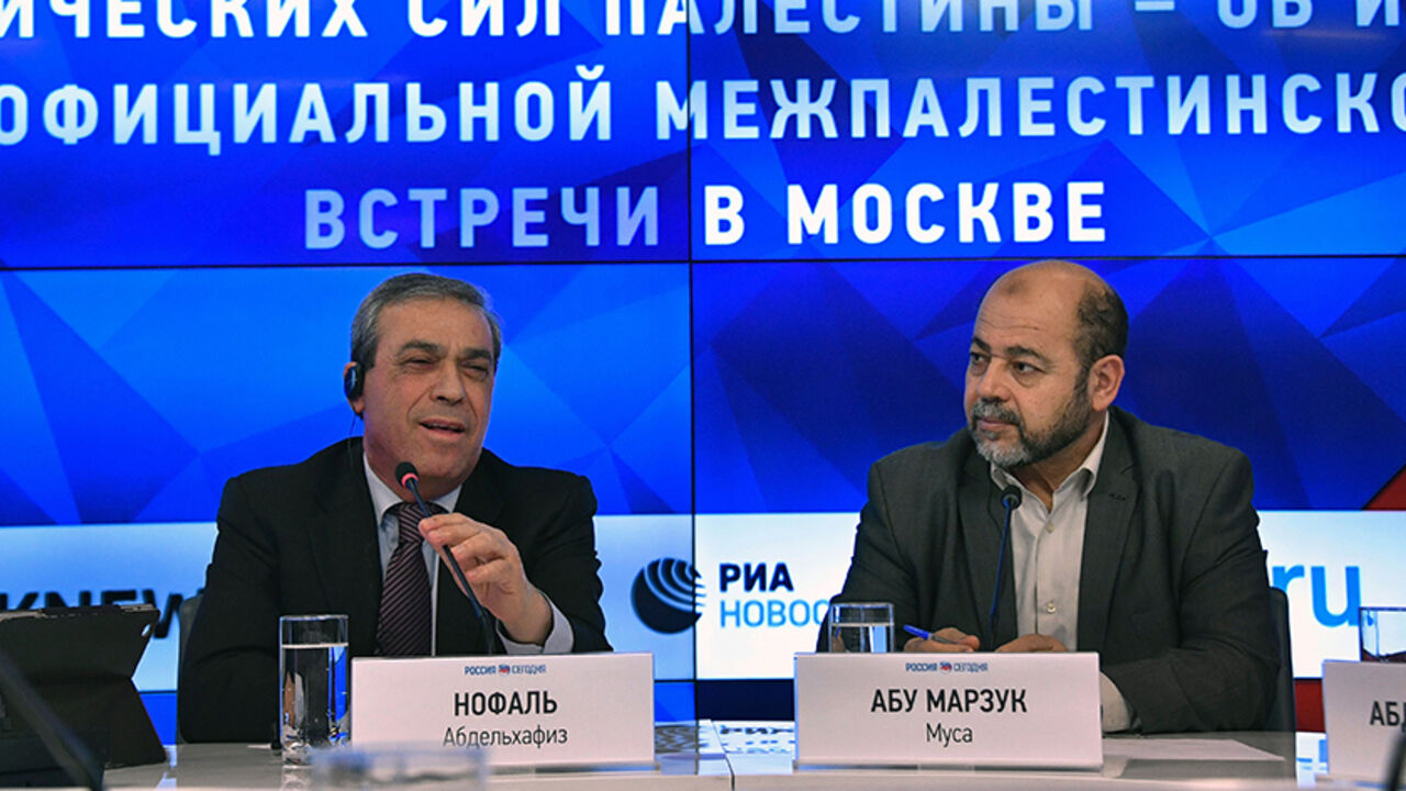 AFP_K23MR From L: Abed al-Hafeez Nofal, the Palestinian ambassador to Moscow, and exiled Hamas deputy leader Mussa Abu Marzuq give a press conference along with other representatives of Palestinian political parties and movements in Moscow on January 17, 2017. / AFP / Alexander NEMENOV (Photo credit should read ALEXANDER NEMENOV/AFP/Getty Images)