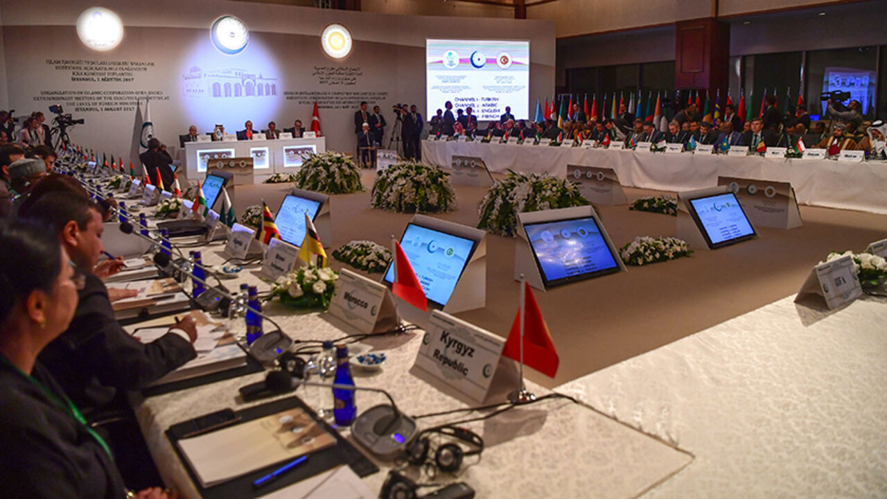 A picture taken on August 1, 2017 in Istanbul shows attendees participating in the Executive Committee Meeting of the Organization of Islamic Cooperation (OIC).  / AFP PHOTO / OZAN KOSE        (Photo credit should read OZAN KOSE/AFP/Getty Images)
