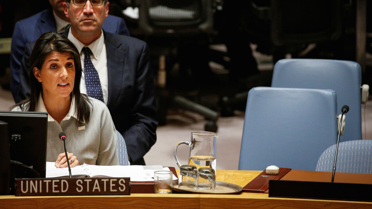 United States ambassador to the United Nations Nikki Haley addresses the U.N. Security Council meeting on the situation in the Middle East, including the Palestine, at the United Nations Headquarters in New York, U.S., December 8, 2017. REUTERS/Brendan McDermid - RC1606383520