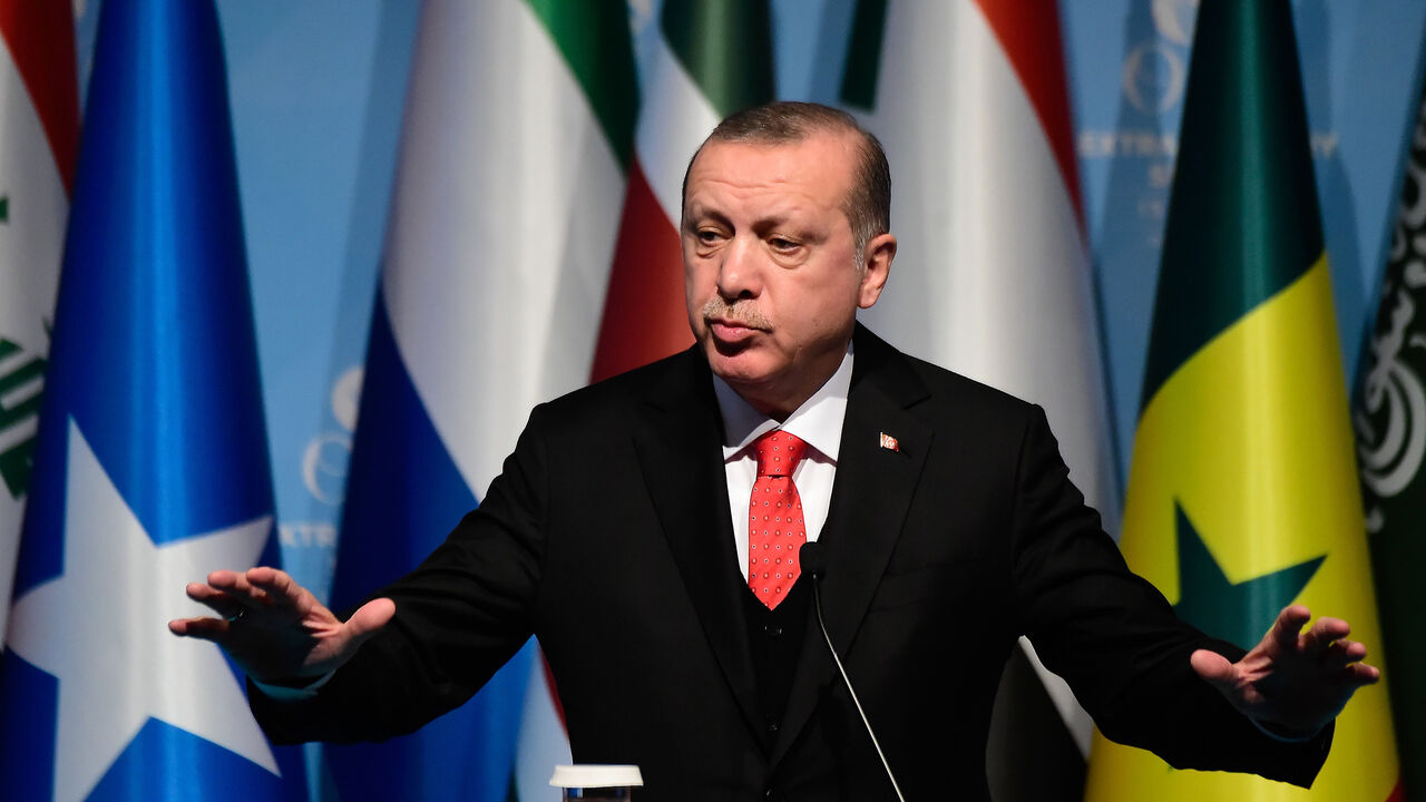 AFP_V49ZL Turkish President Recep Tayyip Erdogan speaks as he holds a press conference following the Extraordinary Summit of the Organisation of Islamic Cooperation (OIC) on last week's US recognition of Jerusalem as Israel's capital, on December 13, 2017, in Istanbul.
Islamic leaders on December 13 urged the world to recognise occupied East Jerusalem as the capital of Palestine, as Palestinian president Mahmoud Abbas warned the United States no longer had any role to play in the peace process. / AFP PHOTO / YASIN AK
