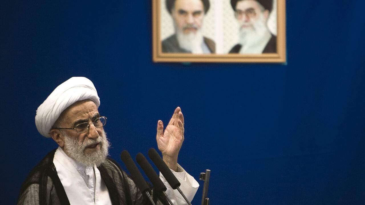 IRAN-ELECTION/CLERIC Head of the Guardian Council Ahmad Jannati delivers a sermon during Tehran's Friday prayers August 21, 2009. Hardline Iranian cleric Jannati urged the judiciary on Friday to arrest the leaders of post-election unrest, in what appeared to be a reference to defeated moderate presidential candidates Mirhossein Mousavi and Mehdi Karoubi. REUTERS/Morteza Nikoubazl (IRAN POLITICS RELIGION) - GM1E58L1HAE01
