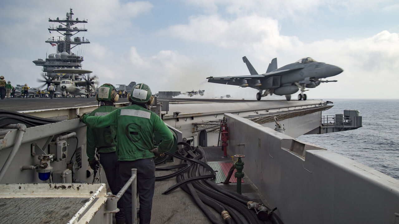 91297169 MEDITERRANEAN SEA - JUNE 28: In this handout provided by the U.S. Navy, an F/A-18E Super Hornet assigned to the Sidewinders of Strike Fighter Squadron (VFA) 86 launches from the flight deck of the aircraft carrier USS Dwight D. Eisenhower (CVN 69)on June 28, 2016 in the Mediterranean Sea. Dwight D. Eisenhower is deployed in support of Operation Inherent Resolve, maritime security operations and theater security operation efforts in the U.S. 6th Fleet area of operations. (Photo by Anderson W. Branch/U.S. Nav