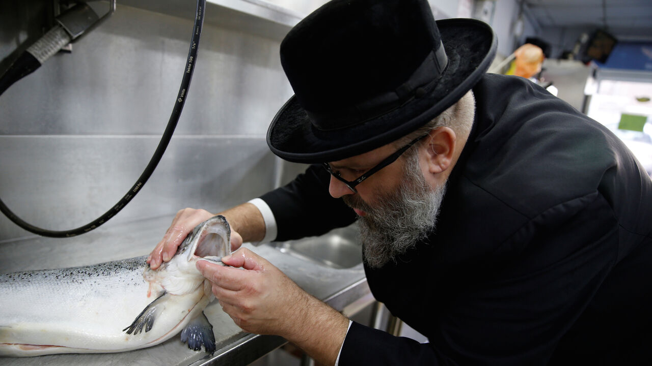 ISRAEL-ECONOMY/RELIGION Kosher inspector Aaron Wulkan examines a fish in the kitchen of a catering business to check that it is kosher, ensuring that the food is stored and prepared according to Jewish regulations and customs, in Bat Yam, Israel October 31, 2016. Picture taken October 31, 2016. REUTERS/Baz Ratner - S1BEUKRRAFAB