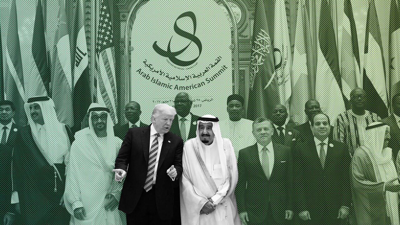 AFP_OO90G US President Donald Trump (C-L), Saudi Arabia's King Salman bin Abdulaziz al-Saud (C-R), Jordan's King Abdullah II (3-R), Egyptian President Abdel Fattah al-Sisi (2-R) and other officials pose for a group photo during the Arab Islamic American Summit at the King Abdulaziz Conference Center in Riyadh on May 21, 2017. / AFP PHOTO / MANDEL NGAN (Photo credit should read MANDEL NGAN/AFP/Getty Images)