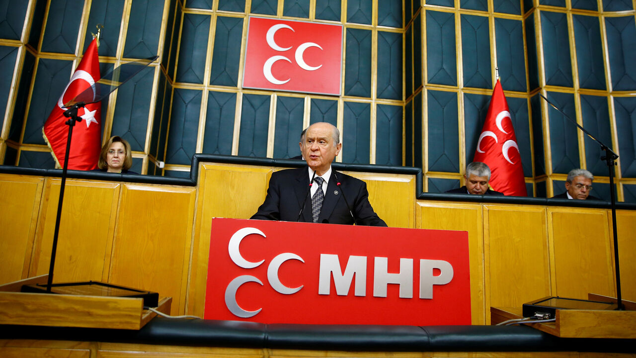 TURKEY-POLITICS/ Nationalist Movement Party (MHP) leader Devlet Bahceli addresses his party MPs during a meeting at the Turkish parliament in Ankara, Turkey, June 14, 2016. REUTERS/Umit Bektas - D1AETJVKAMAA