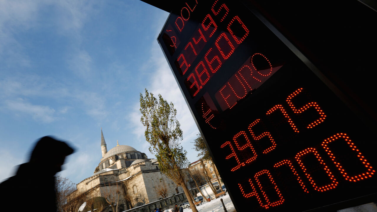 TURKEY-LIRA/ A board showing the currency exchange rates of the U.S. dollar and the Euro against Turkish lira is on display at a currency exchange office in Istanbul, Turkey, January 11, 2017. REUTERS/Murad Sezer - RC111EF016F0