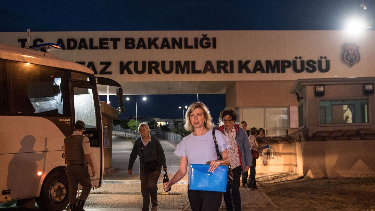 AFP_14M6CD Norine Brunson, the wife fo jailed American pastor Andrew Brunson, who is held on charges of aiding terror groups, leaves the courthouse after Brunson's trial in Aliaga, north of Izmir, on May 7, 2018. - Brunson, who ran a church in the western city of Izmir, was detained by Turkish authorities in October 2016. If convicted, he risks up to 35 years in jail. (Photo by BULENT KILIC / AFP) (Photo credit should read BULENT KILIC/AFP/Getty Images)