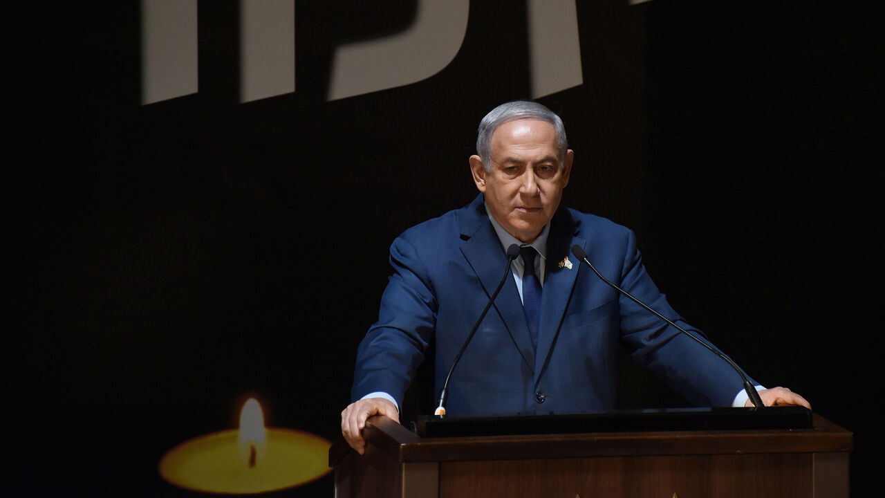 ISRAEL-MEMORIAL DAY/ Israeli Prime Minister Benjamin Netanyahu speaks during a Memorial Day ceremony at Mount Herzl military cemetery in Jerusalem, April 18, 2018. Debbie Hill/Pool via Reuters - RC144DAD1110